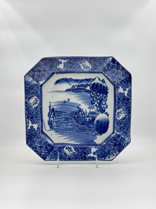 Chinese Blue & White Octagonal Platter – Landscape Scene