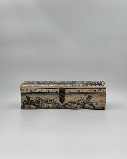 Hand-Painted Bone Pencil Box with Hunting Scene, India