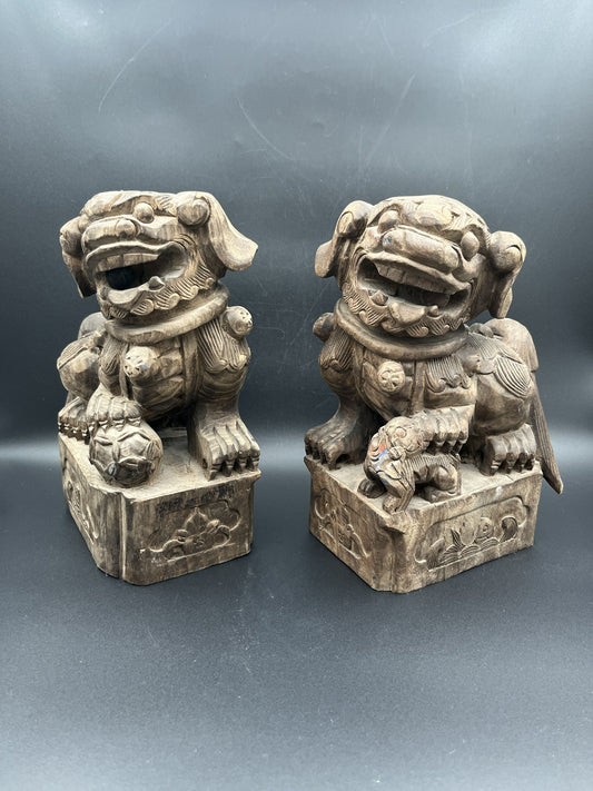 Chinese Foo  Dogs – Hand-Carved Wood Pair