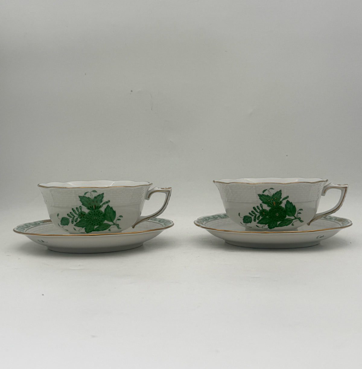 Pair Of Herend Chinese Bouquet Teacups - Apponyi Green