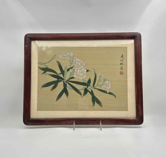 Framed Chinese Floral Silk Painting White Blossoms Art
