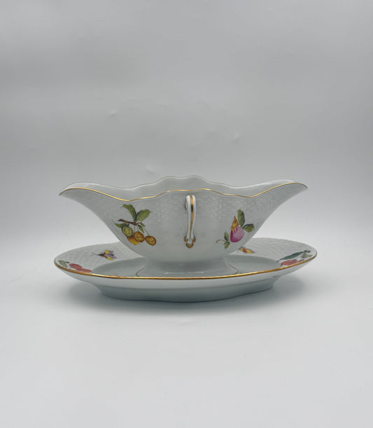 Herend Market Garden Gravy Boat with Attached Underplate – Handpainted Porcelain, Hungary