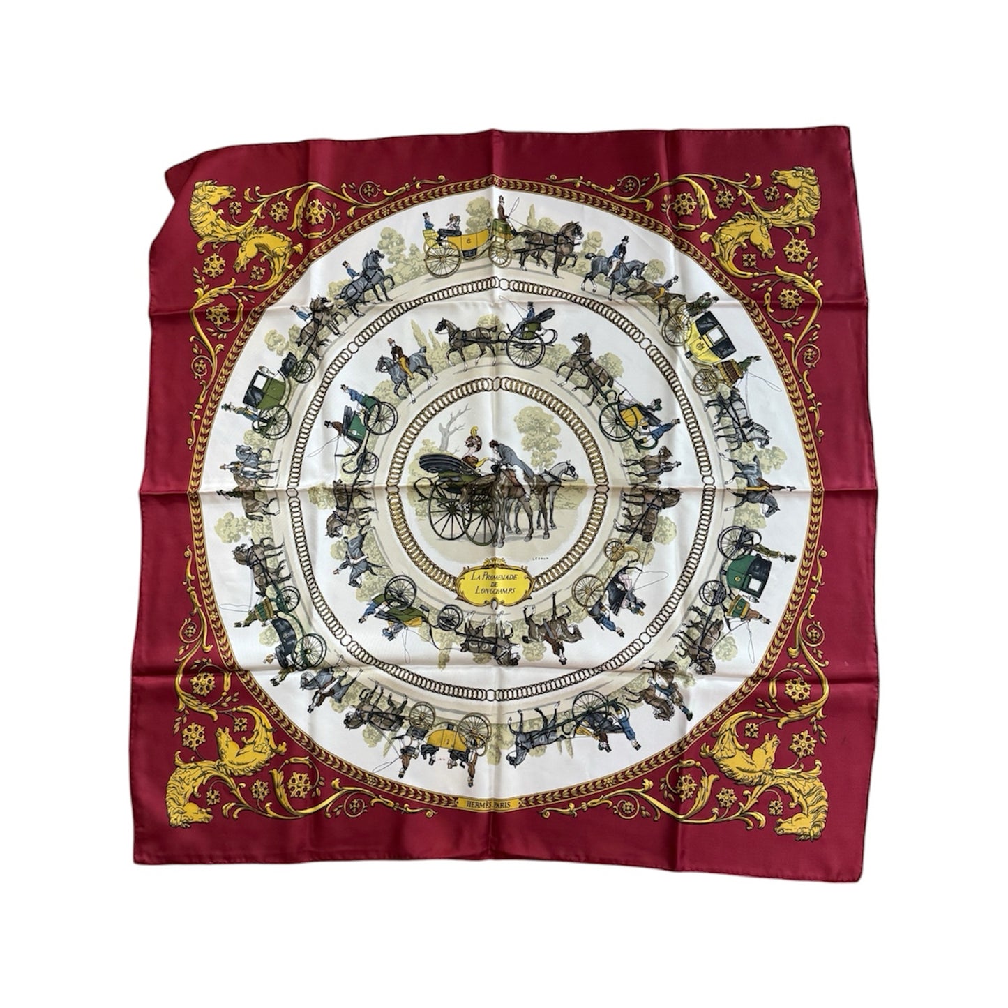 Hermès Silk Scarf “La Promenade de Longchamps” Philippe Ledoux Red