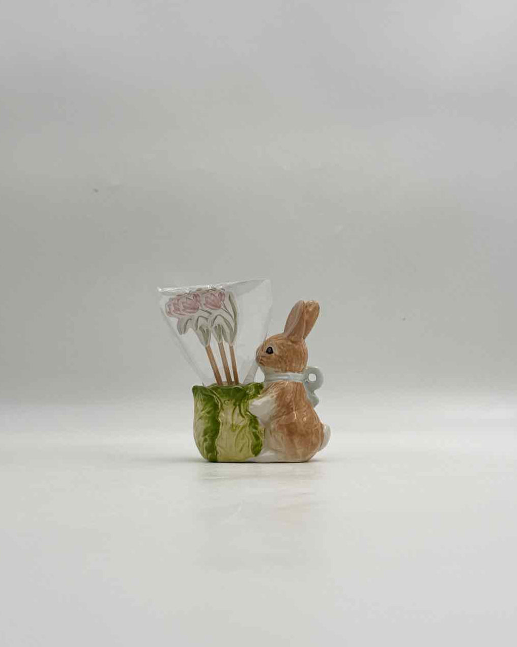 Easter Bunny Rabbit Toothpick Holder with Blue Ribbon & Flower Toothpicks