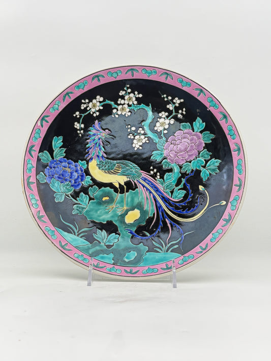 Chinese Famille Noir Peacock Charger Plate