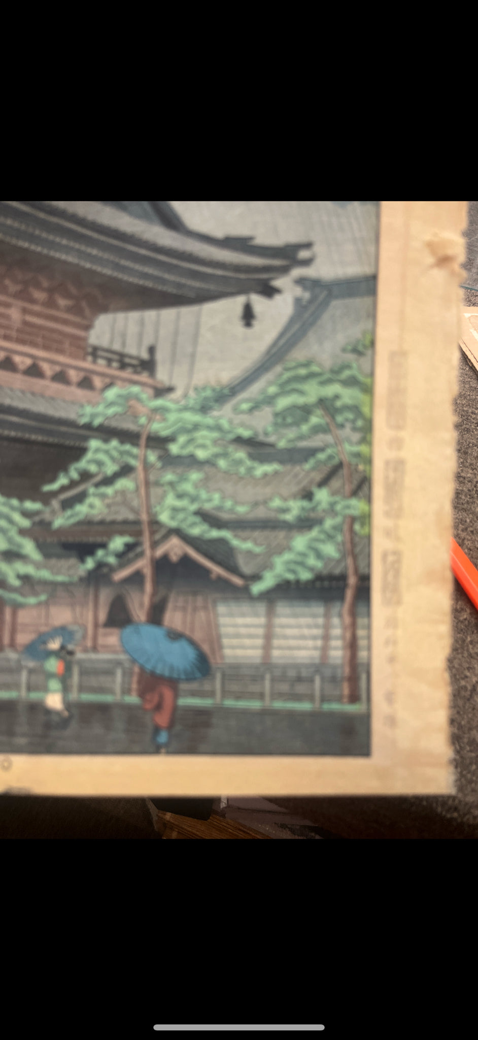 "Rain in Higashi- Honganji Temple, Kyoto" Japanese Woodblock Print
