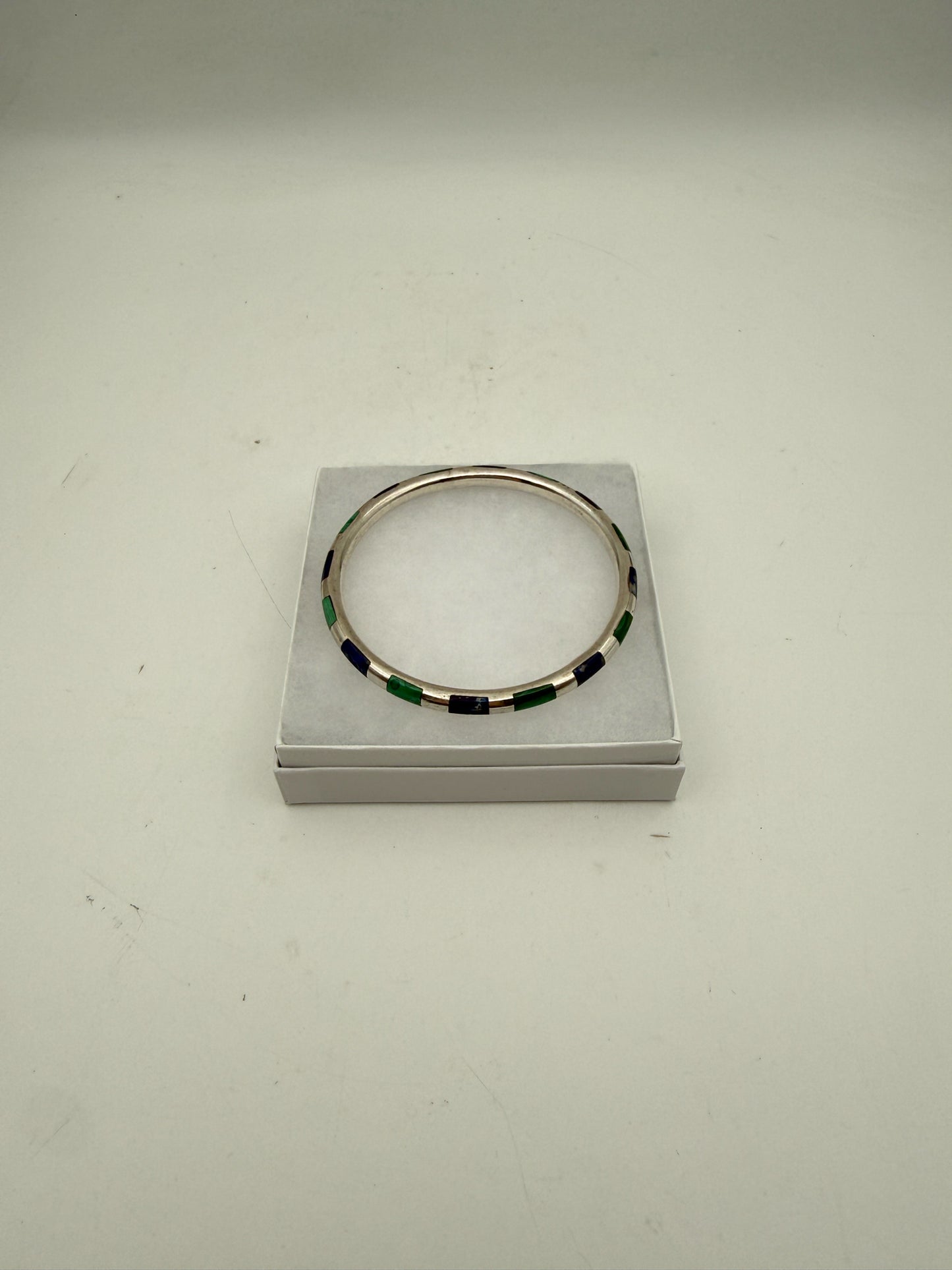 Vintage Sterling Silver Bangle With Lapis And Malachite Inlay