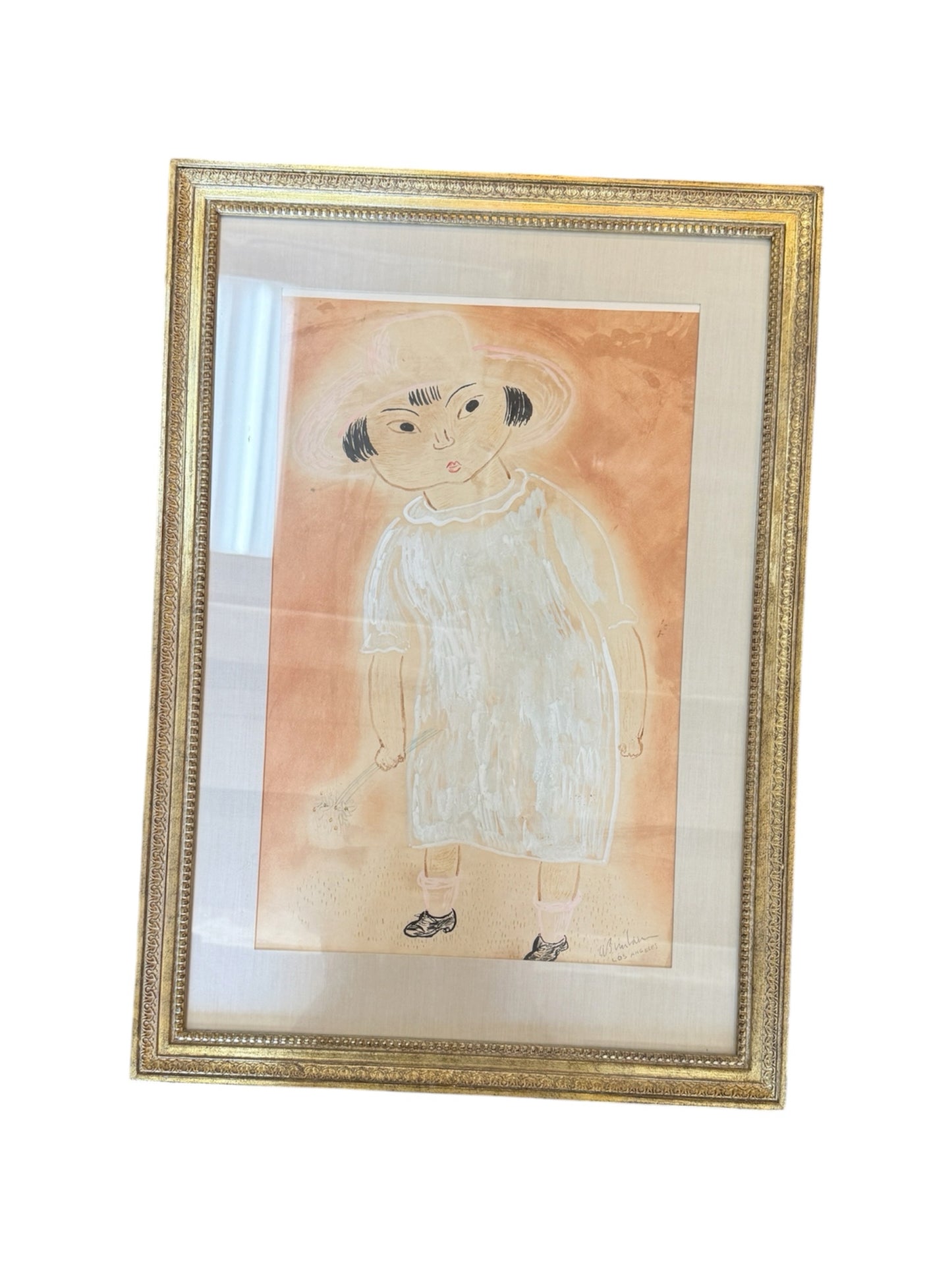 Mid Century Framed Watercolor Of A Girl With A Flower By Los Angeled Artist