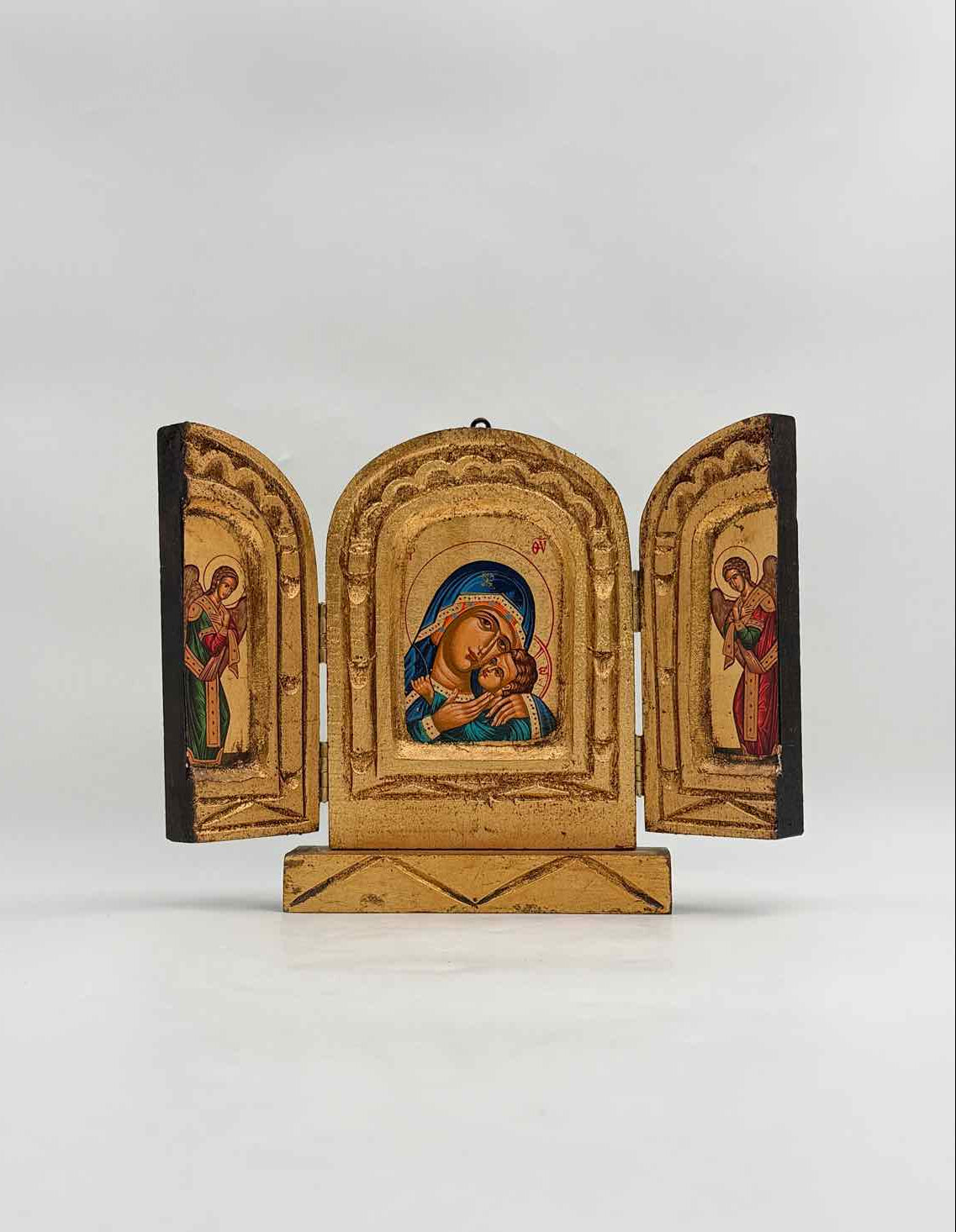 Vintage Carved Wood Gilt Madonna Byzantine Style Triptych Icon Art