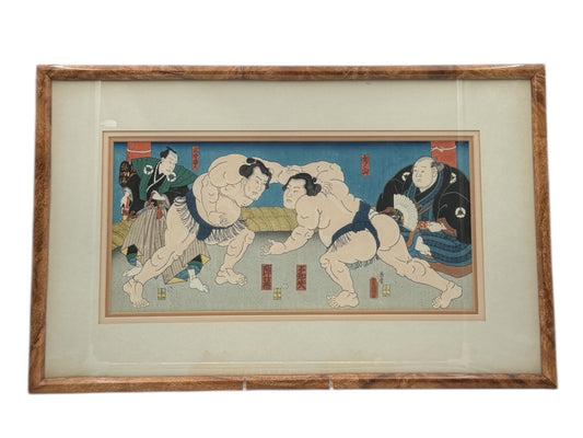 Framed Woodblock Print Sumo Wrestlers After Kunisada Japanese Art Work