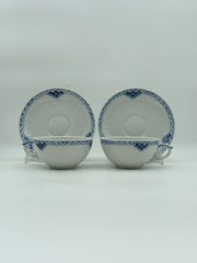 Royal Copenhagen Blue Fluted Half Lace Teacup And Saucer- Set Of 2