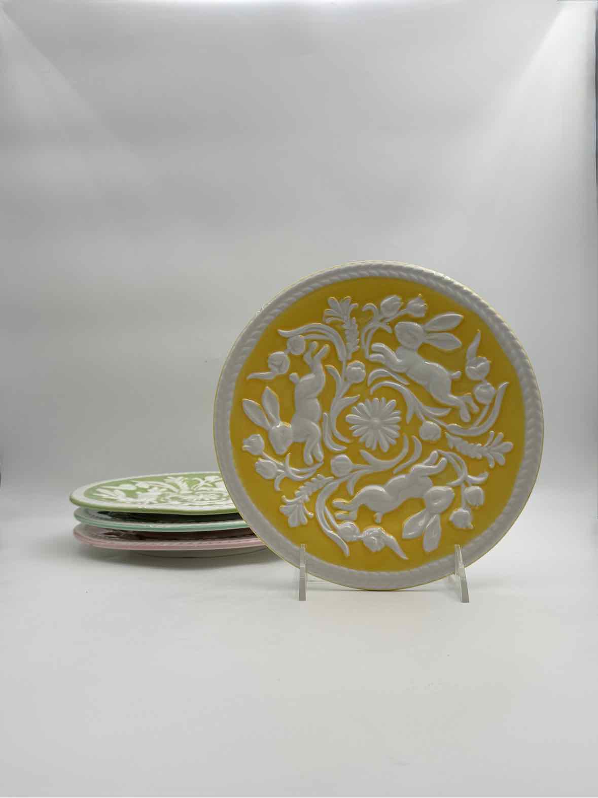 Easter Bunny Embossed Plates Set of 4 Pastel Assorted Colors Decor