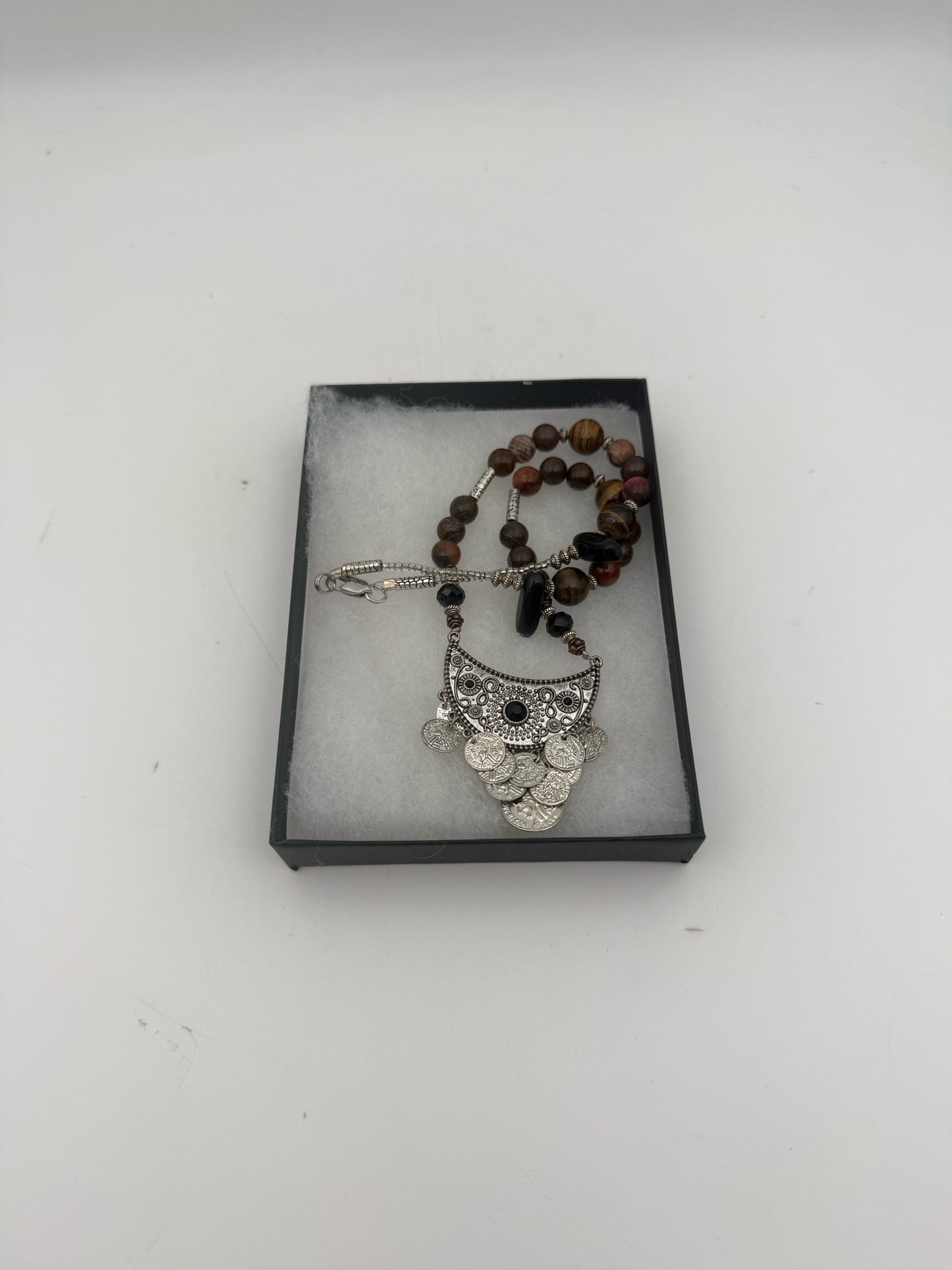 Brown Beaded Necklace With Silver Tone Detailing