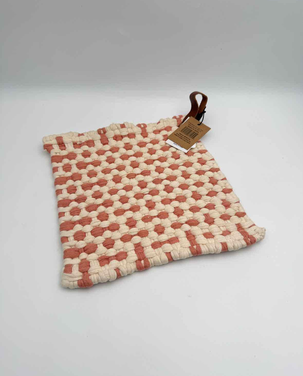 Dusty Pink Woven Potholder With Leather Loop Kitchen Heat Pad Holder
