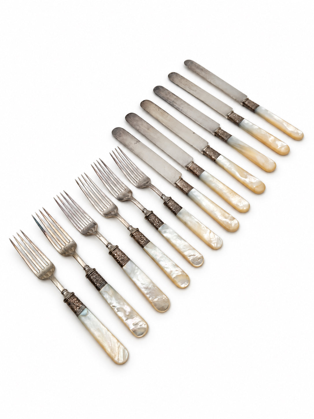 Boxed Mother Of Pearl Handled And Sterling Silver Fork And Knife Set