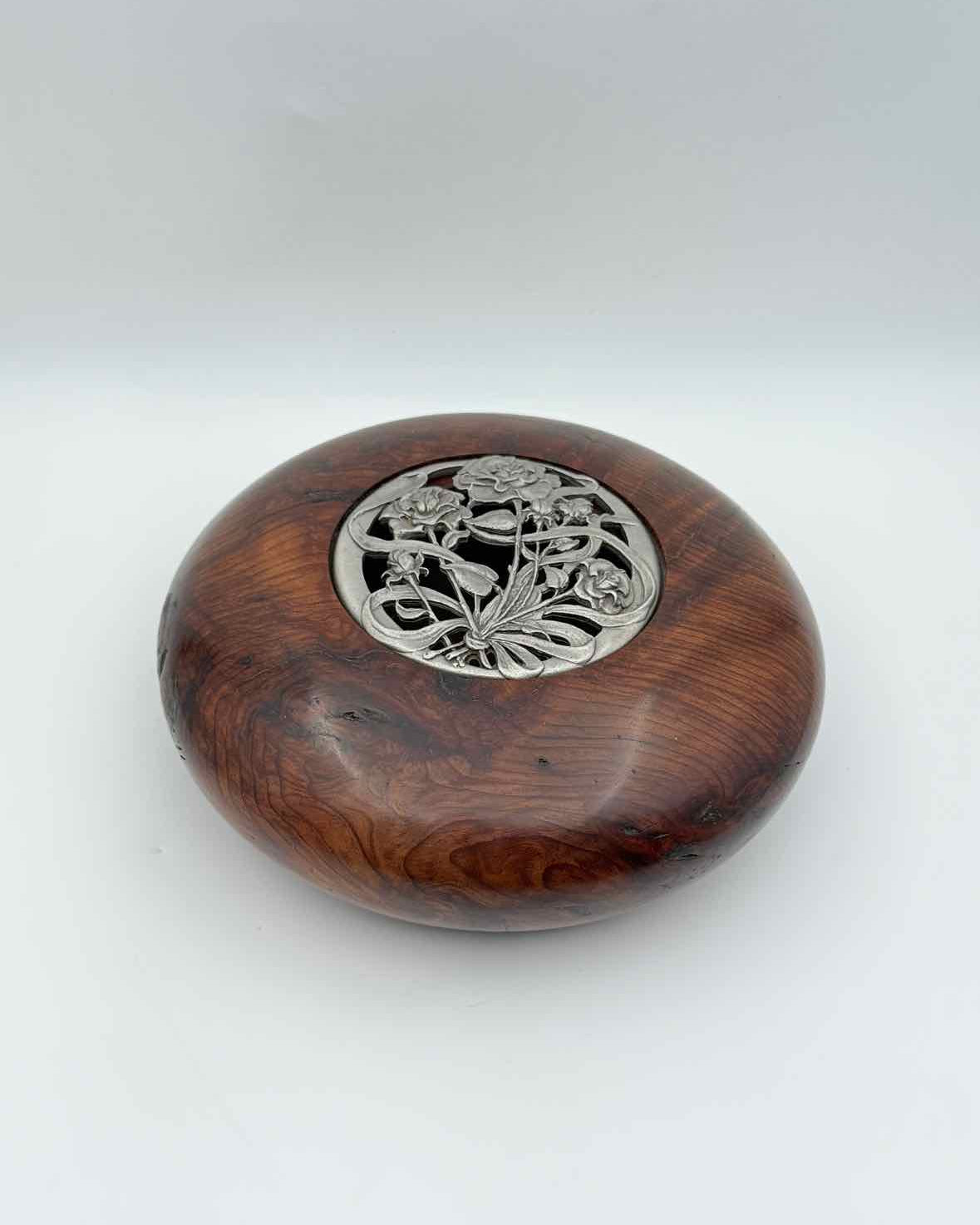 Vintage Hand Turned Wooden Bowl Box with Pewter Rose Lid Decorative