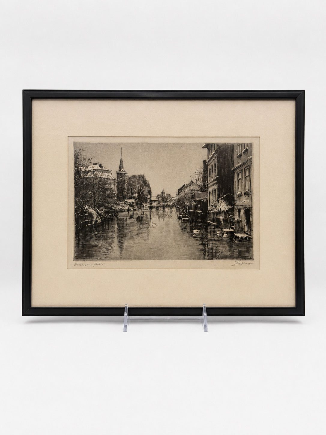 Vintage Framed Etching Of A Winter European Canal Scene