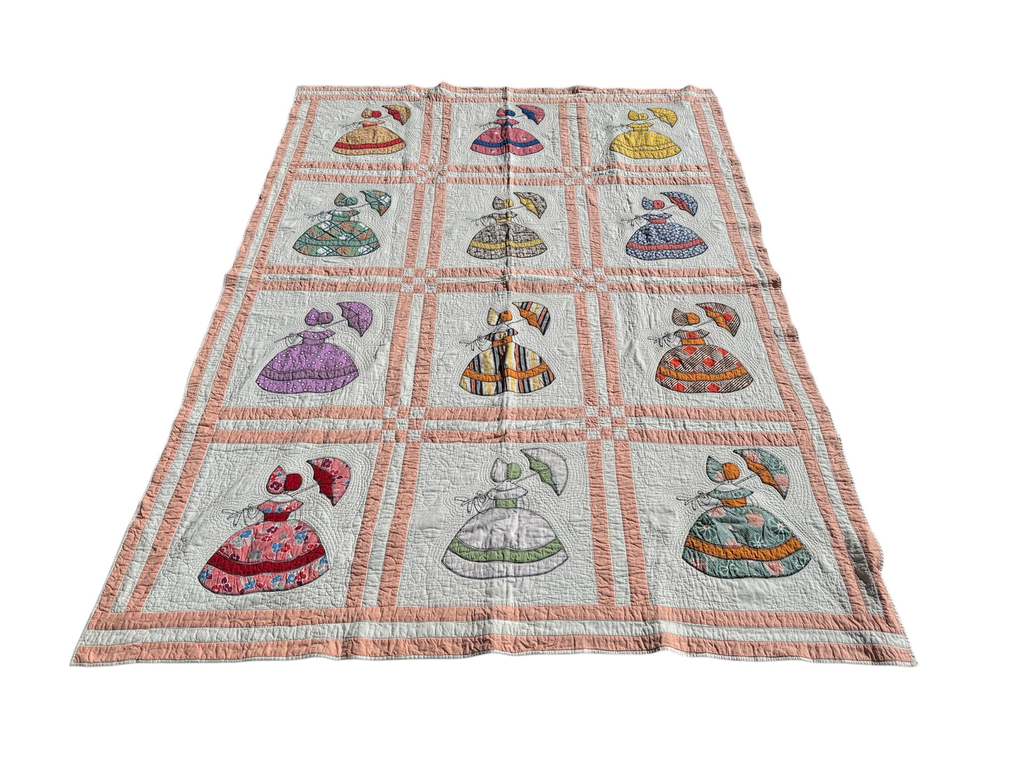 Vintage Appliqué Folk Dress Quilt – Hand-Embroidered Textile Art