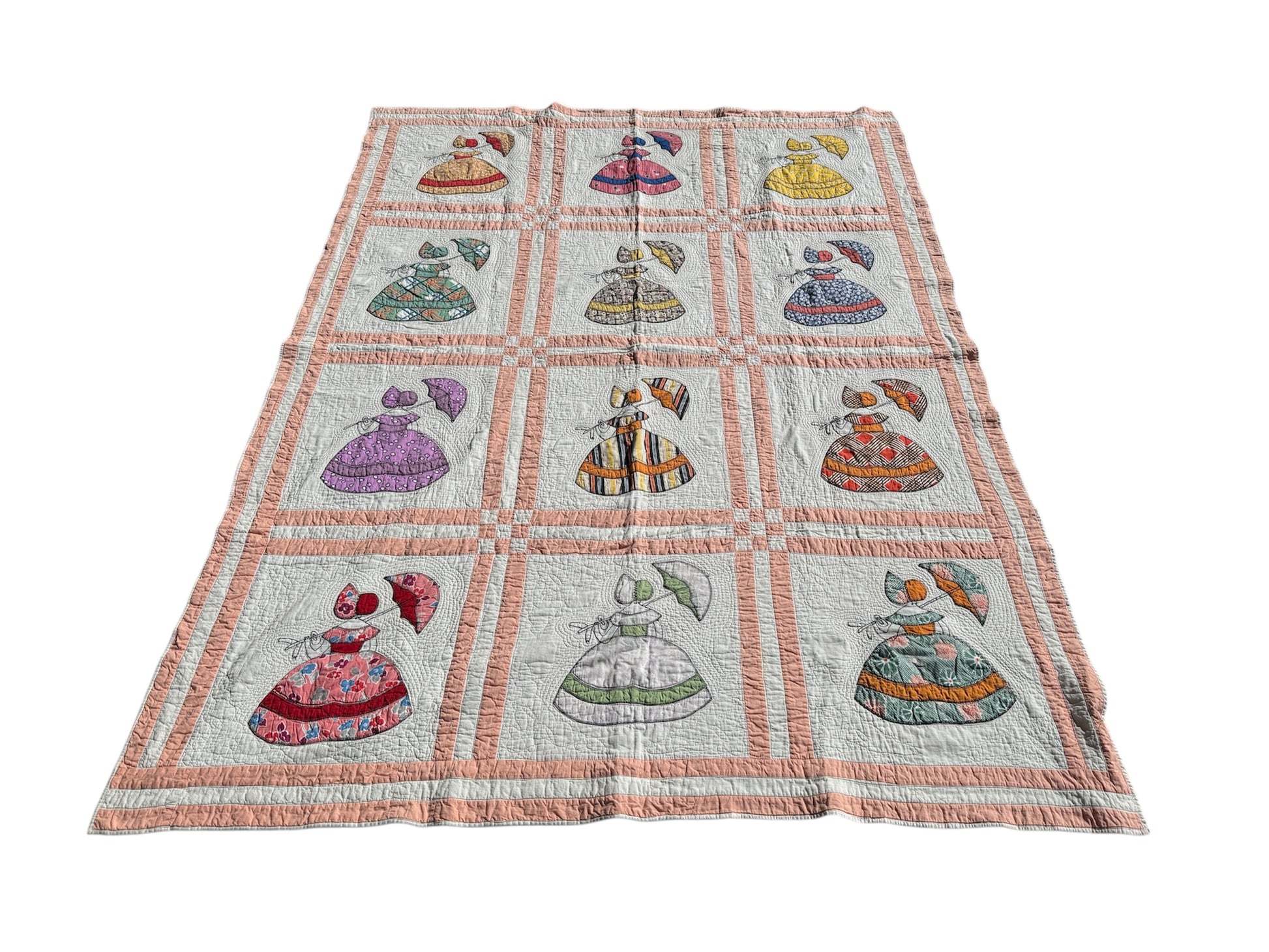 Vintage Appliqué Folk Dress Quilt – Hand-Embroidered Textile Art