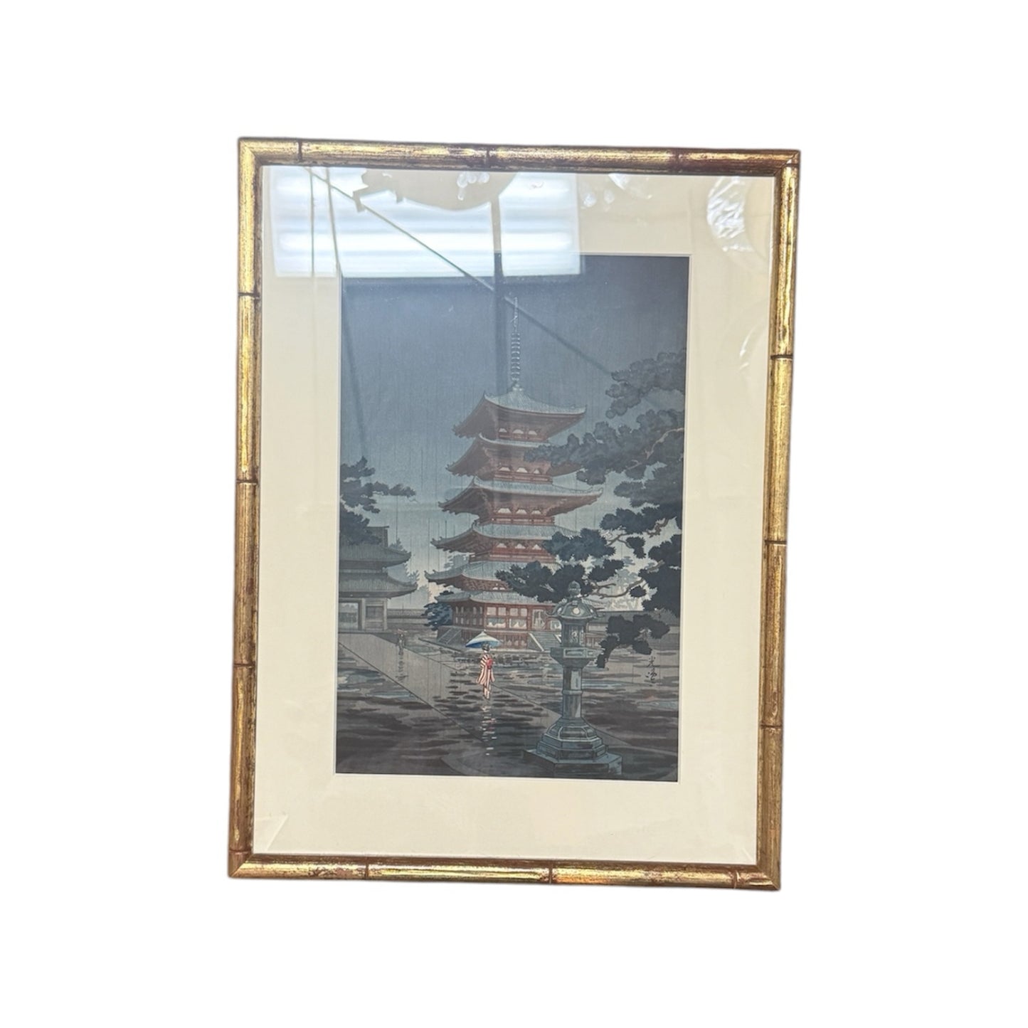 "Rain at Asakusa Temple" Japanese Woodblock Print By Tsuchiya Koitsu
