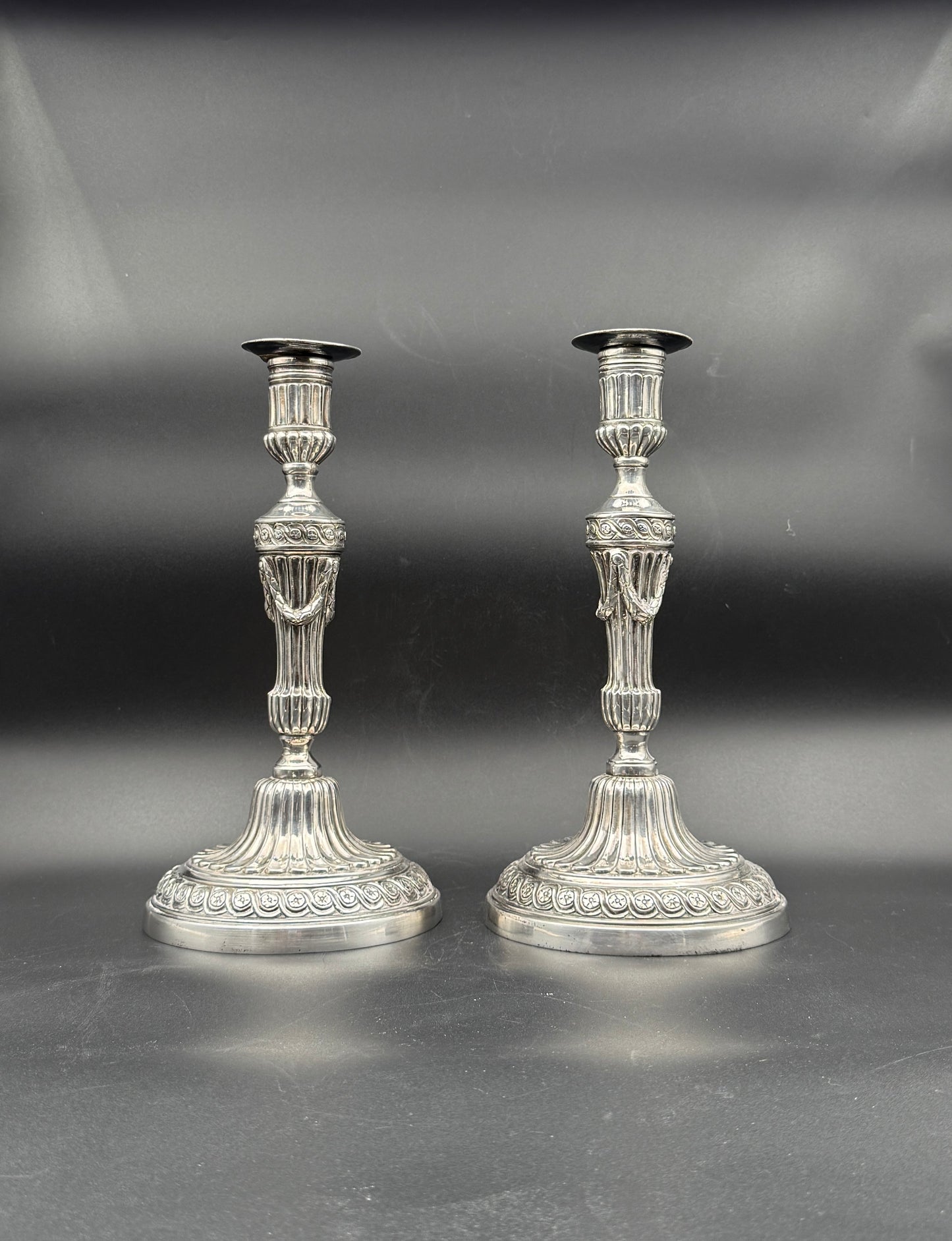 Pair Louis XVI Style Silverplate Metal Candlesticks Neoclassical Decor