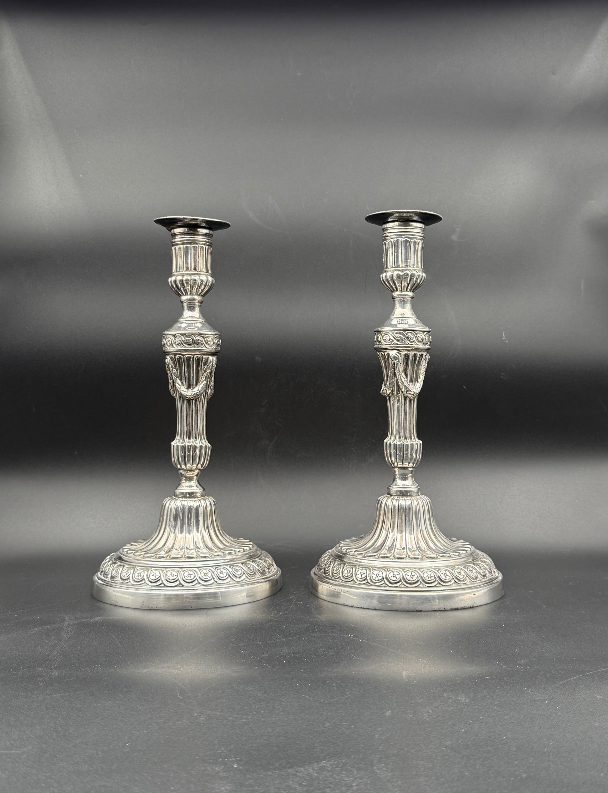 Pair Louis XVI Style Silverplate Metal Candlesticks Neoclassical Decor