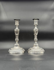 Pair of Louis XVI Style Silverplate Metal Candlesticks – Elegant Neoclassical Design