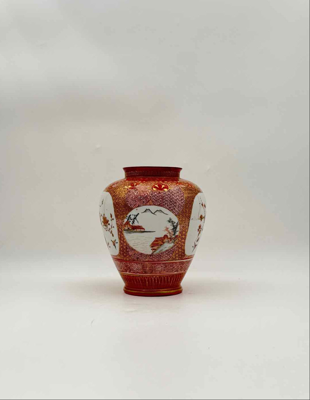 Vintage Chinese Red Gold Gilt Porcelain Vase Floral Landscape Panels