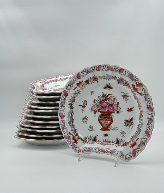 Set of 12 Chinese Ironstone Scalloped Plates – Floral Vase & Butterfly Pattern