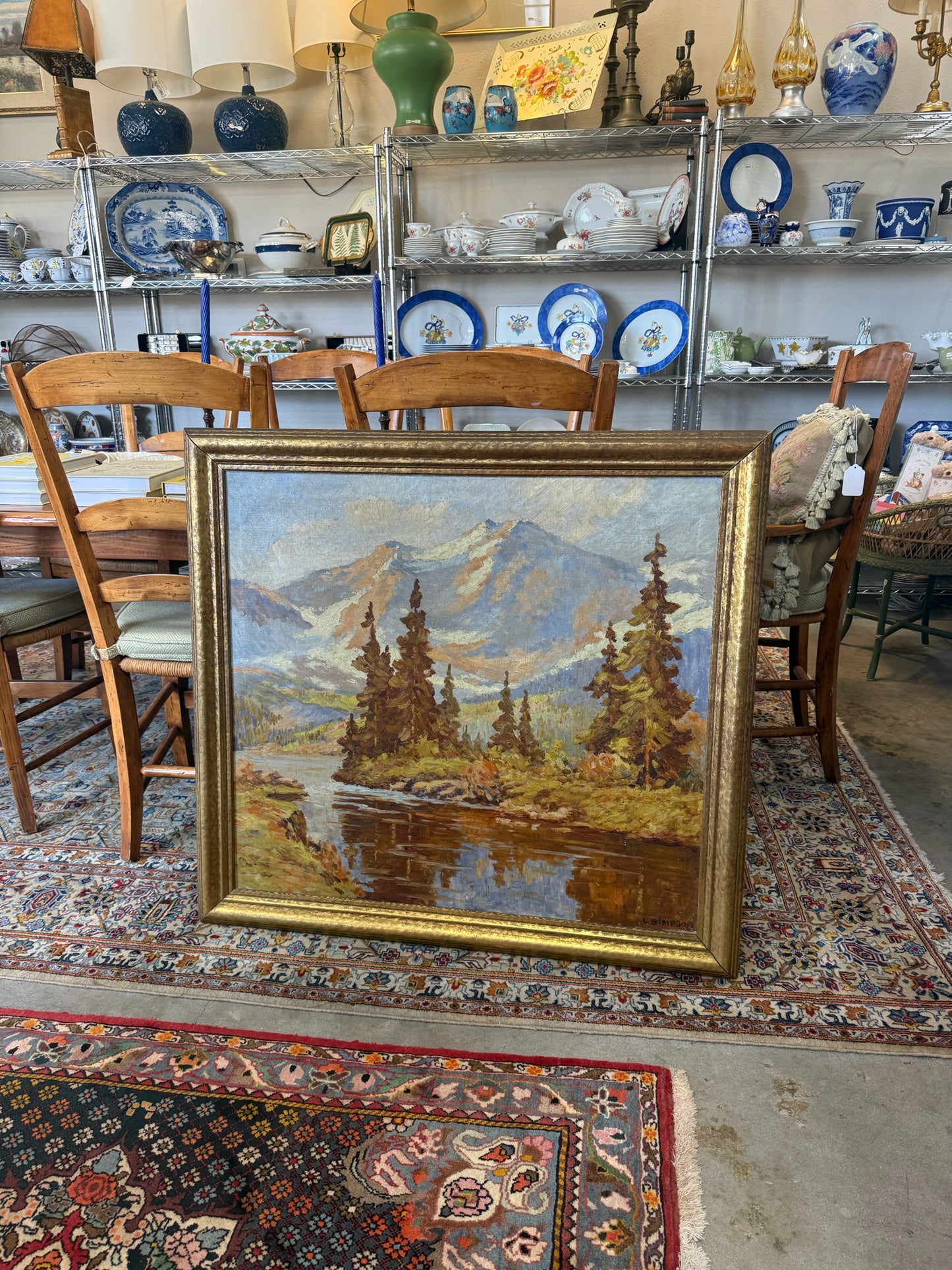 20th Century Mountain Lake Landscape Framed Oil Painting By L Simpson
