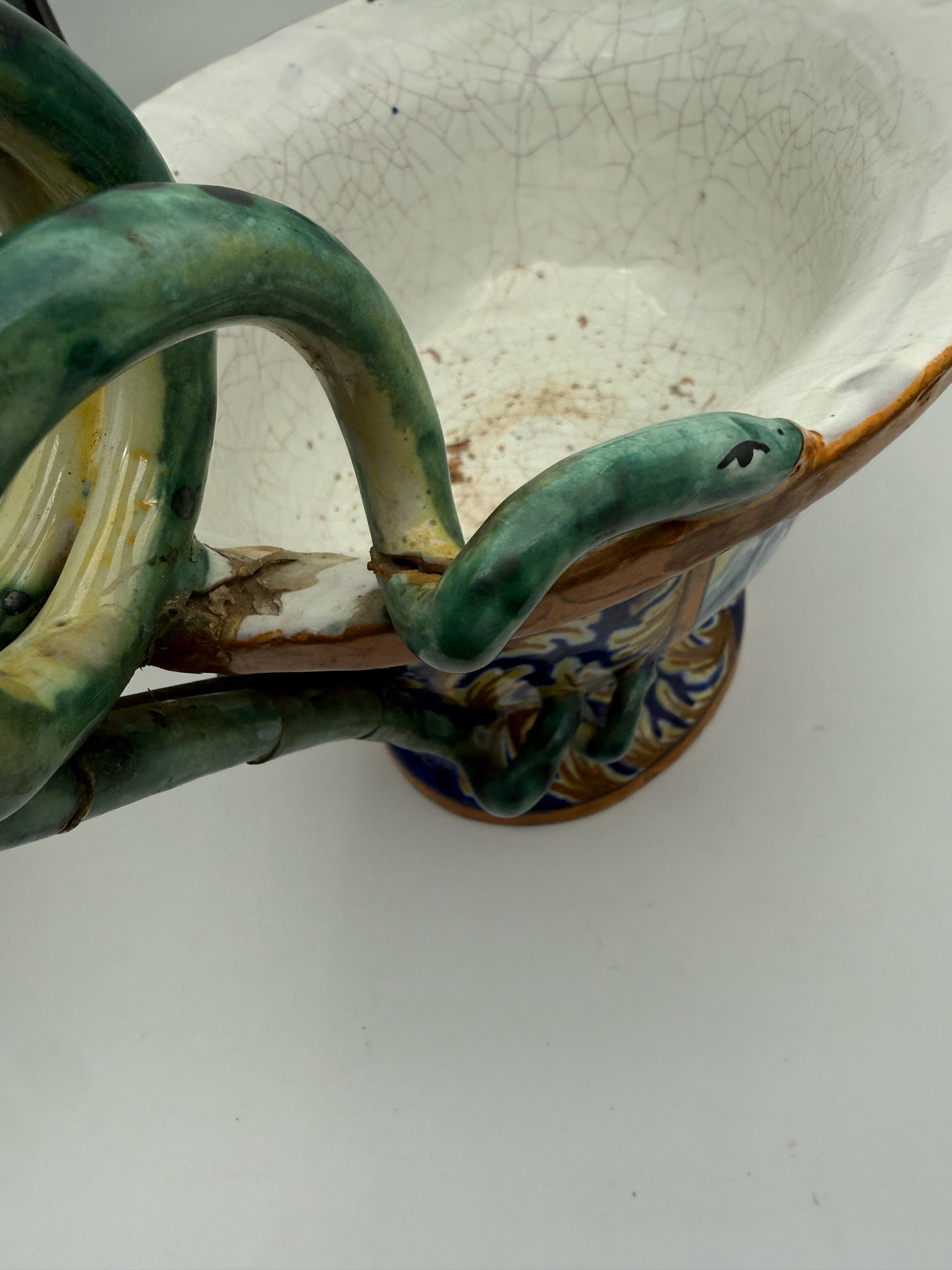 Antique Italian Majolica Zeus And Artemis Jardiniere With Snake Handles