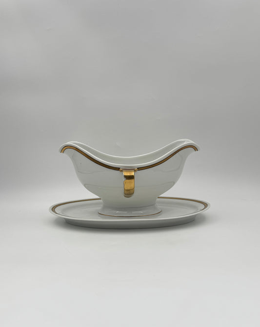 Paul Müller Selb Bavaria Gravy Boat with Attached Underplate & Double Handles – Gold Trim