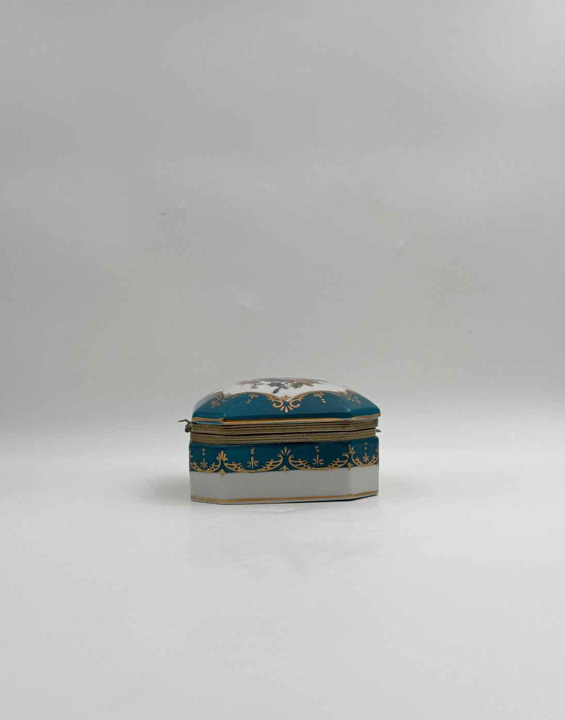Vintage Octagonal Turquoise Floral Porcelain Trinket Box Gold Trim