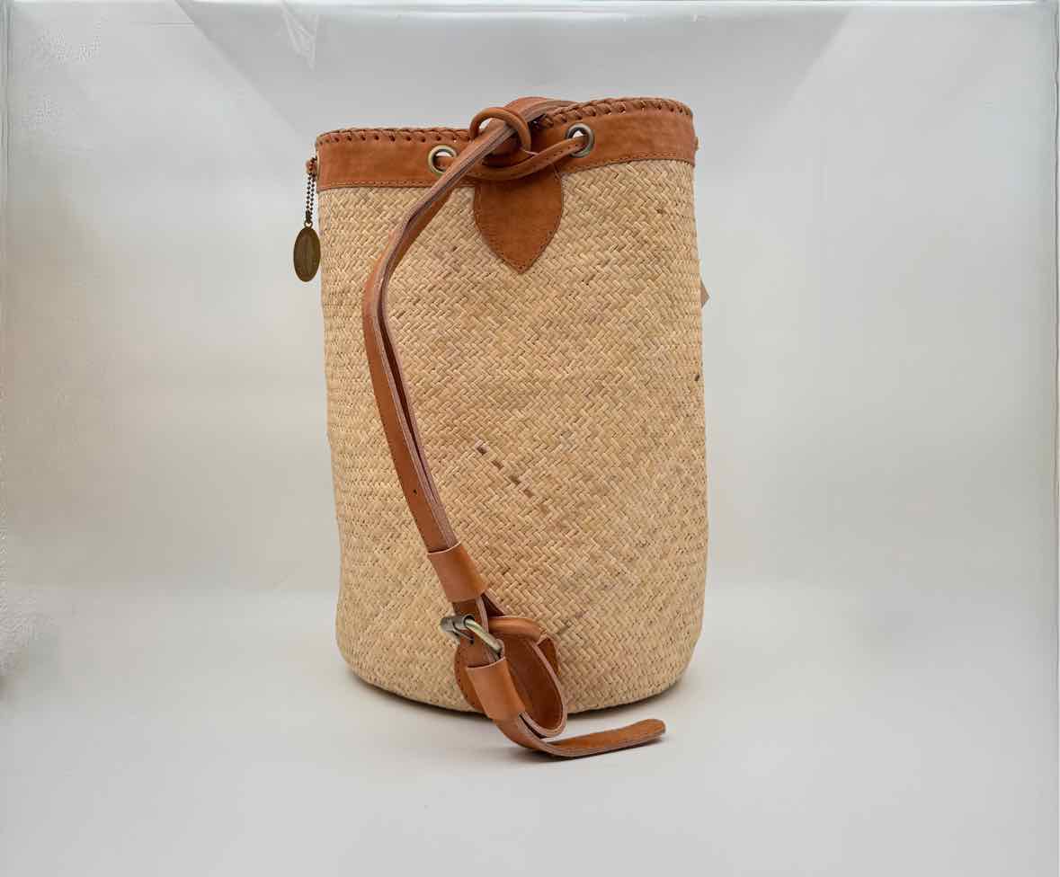 Woven Rattan Sling Bucket Bag Ivory Leather Trim Boho Summer Purse Bag