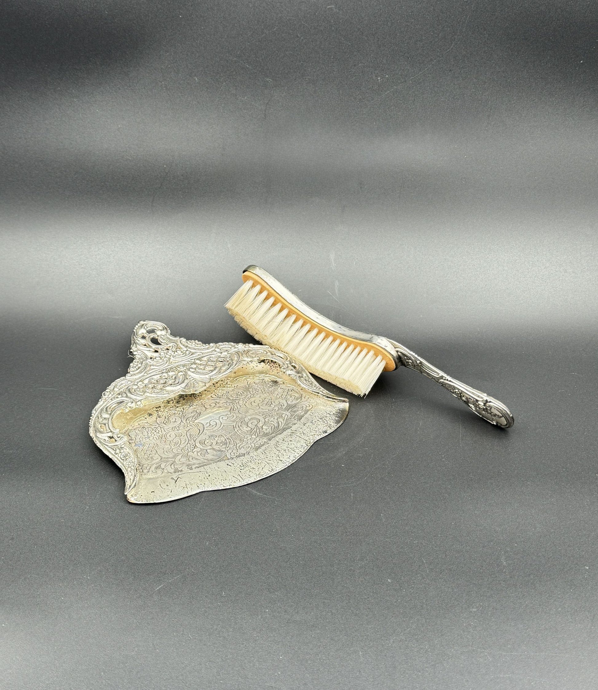 Silver-Plate Crumb Catcher and Brush Set with Ornate Repousse Design