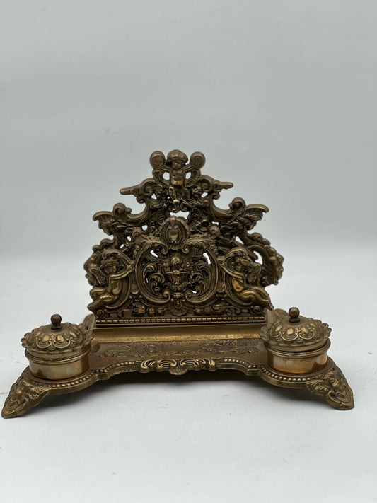 Brass Cherub Angel Double Inkwell