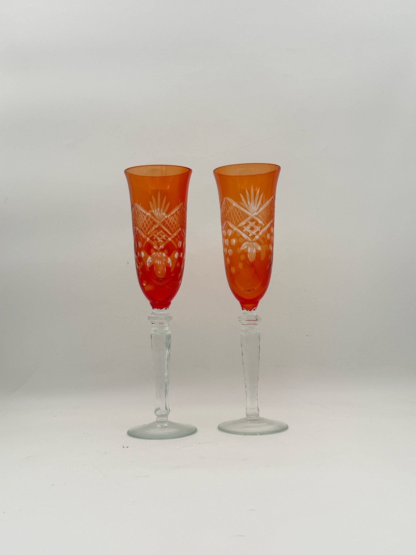 Antique Bohemian Multi-Color Cut To Clear Champagne Flutes- Set Of 6