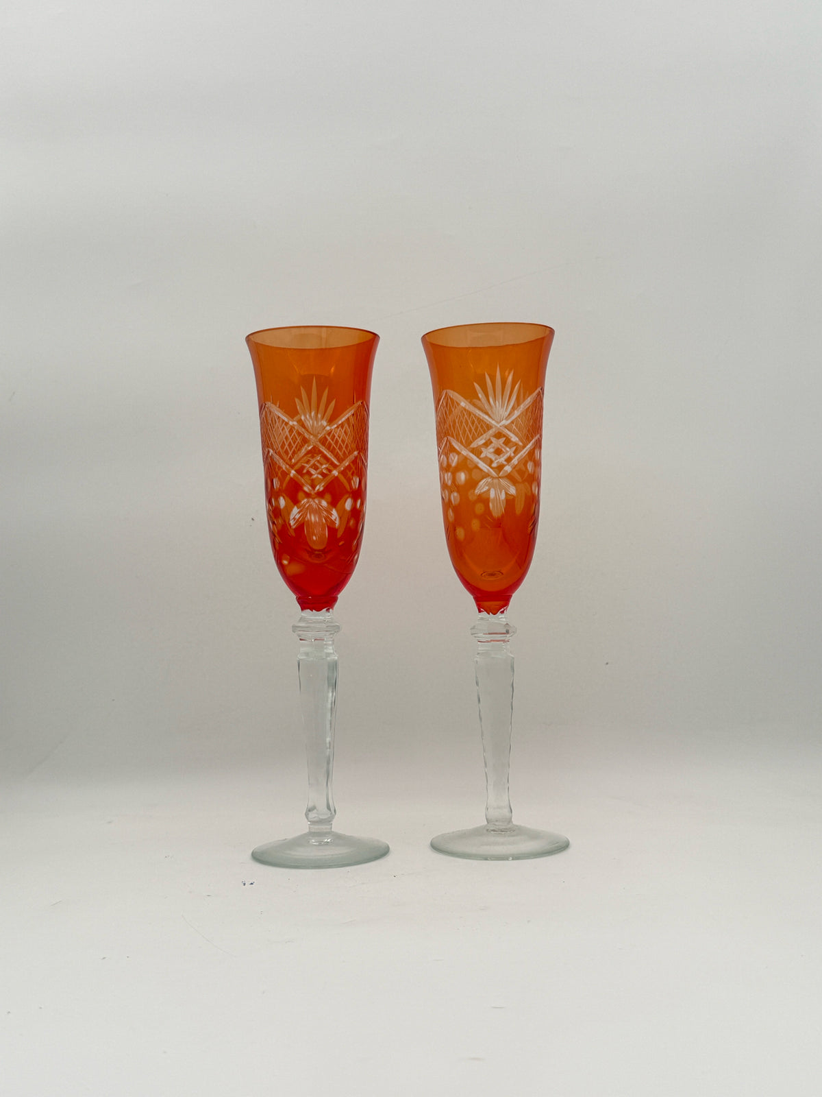 Antique Bohemian Multi-Color Cut To Clear Champagne Flutes- Set Of 6