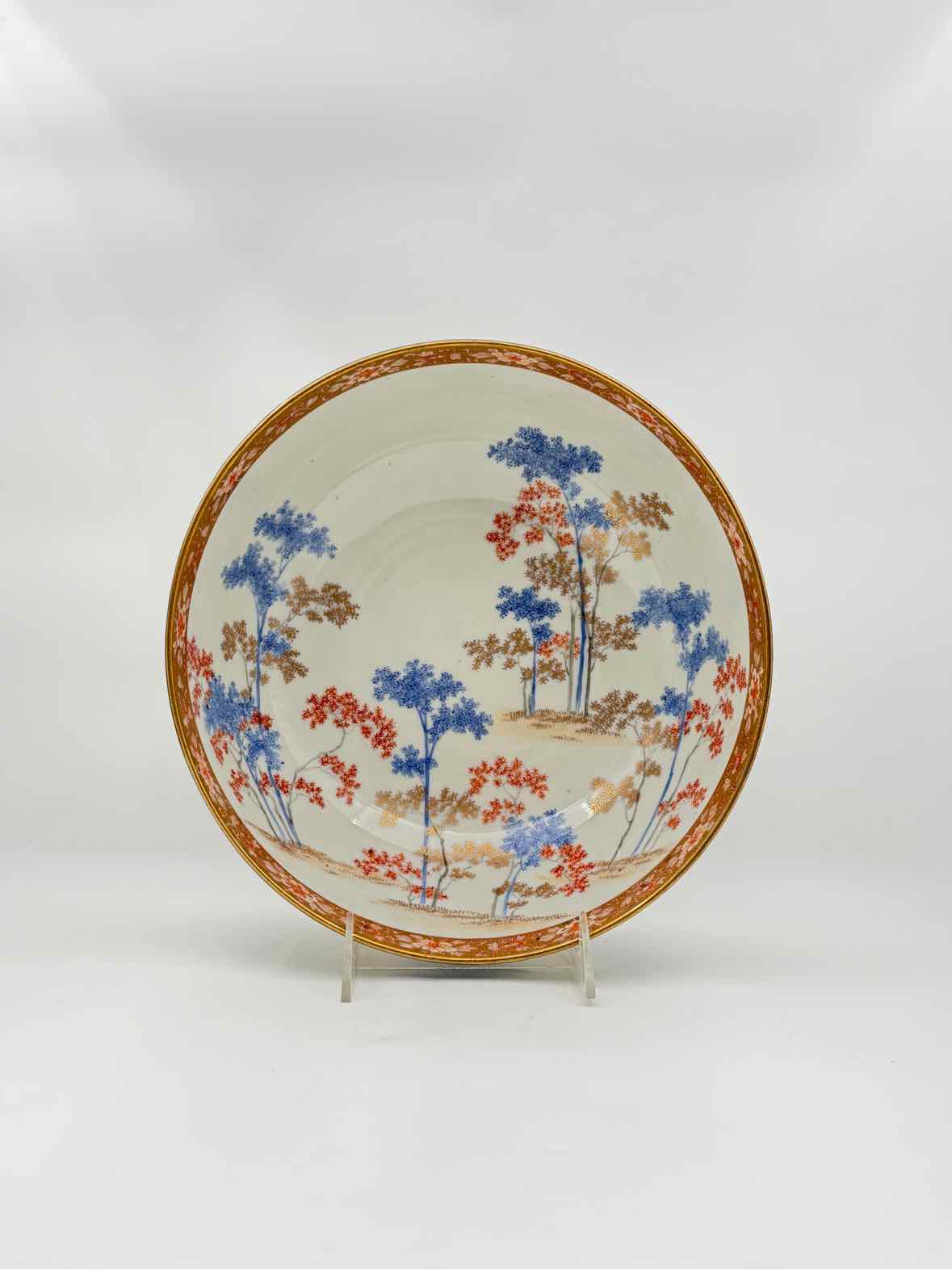 Japanese Porcelain Bowl with Blue & Rust Tree Motif Decorative Art