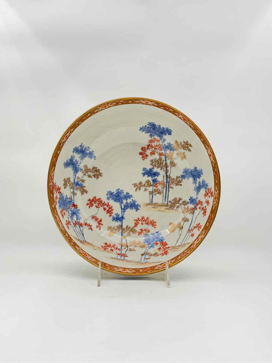 Japanese Porcelain Bowl with Blue & Rust Tree Motif Decorative Art