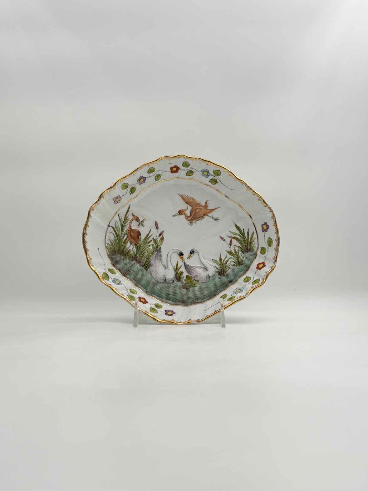 Antique 19th Century Herons And Swans Scene Handpainted Bowl