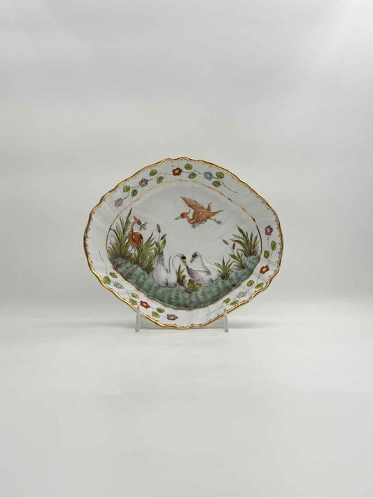 Antique 19th Century Herons And Swans Scene Handpainted Bowl