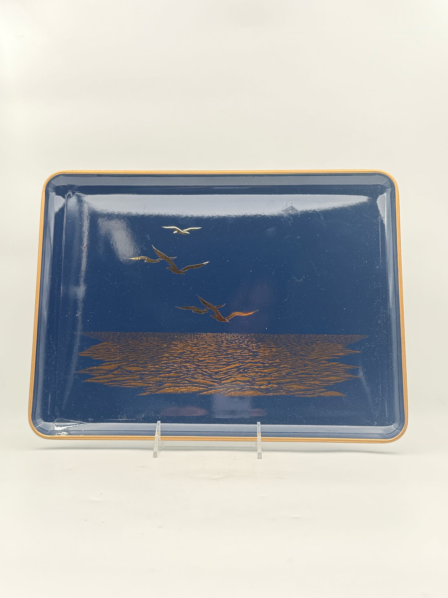 Japanese Navy Blue And Gold Lacquer Trays- Set Of 3