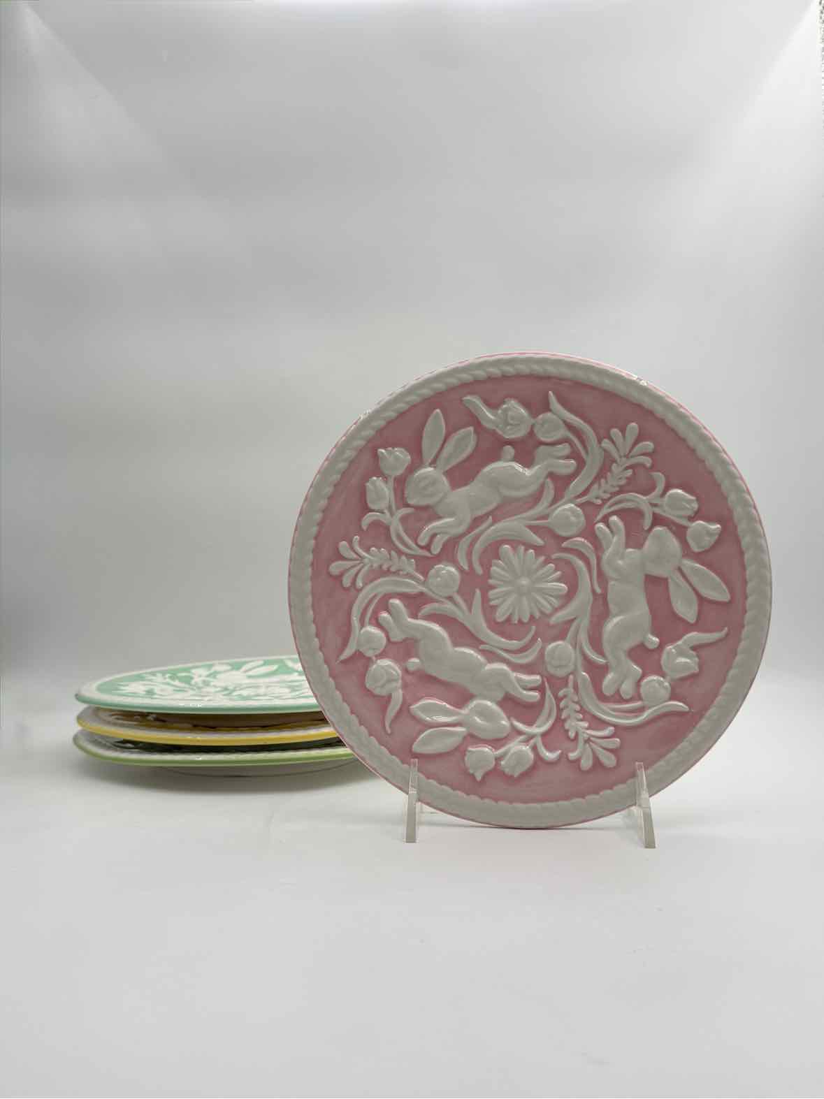 Easter Bunny Embossed Plates Set of 4 Pastel Assorted Colors Decor