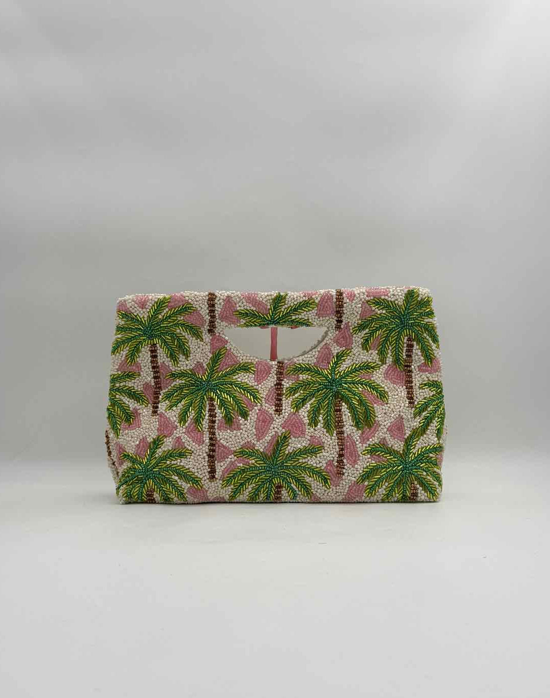 Hand Beaded Palm Tree Clutch Purse Pink Tropical Pattern Evening Bag