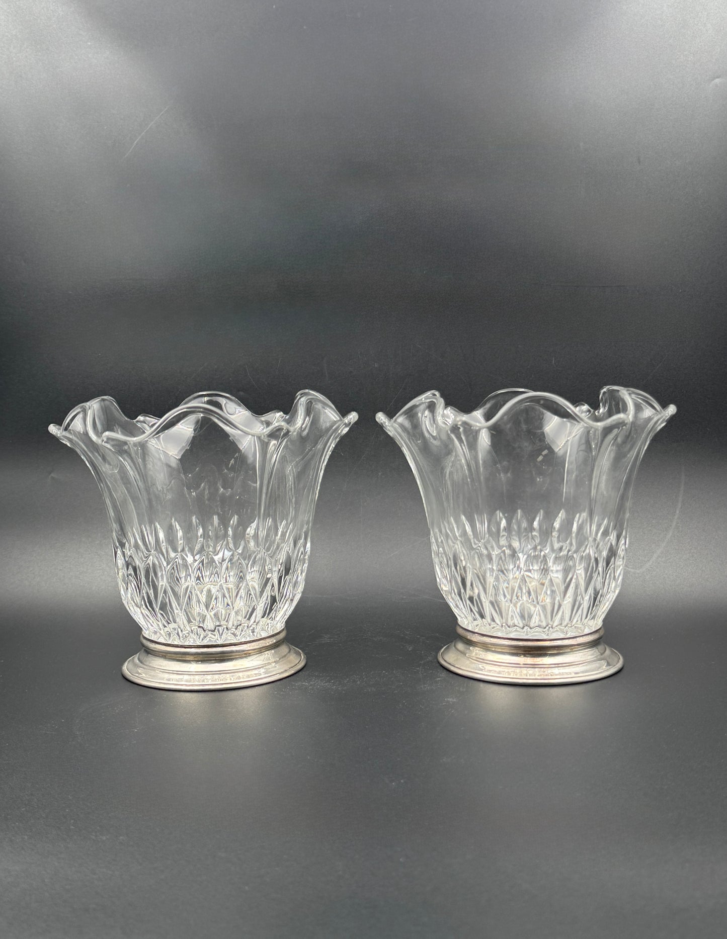 Set of 2 Crystal Vases with Sterling Silver Bases – B&M Benedict & Miller, New York c.1935