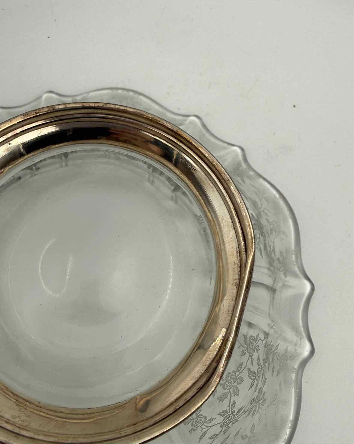 Vintage Etched Glass Bowl Sterling Silver Base Elegant Decor Dish