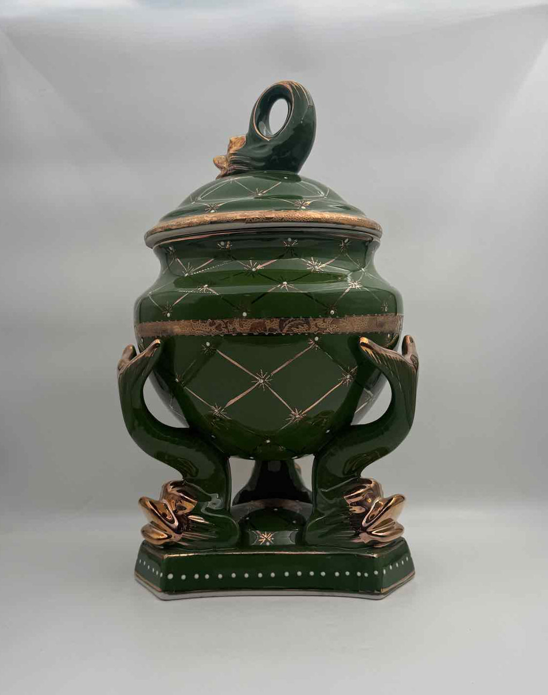 Vintage Green Gold Fish Tureen with Lid Ceramic Serveware