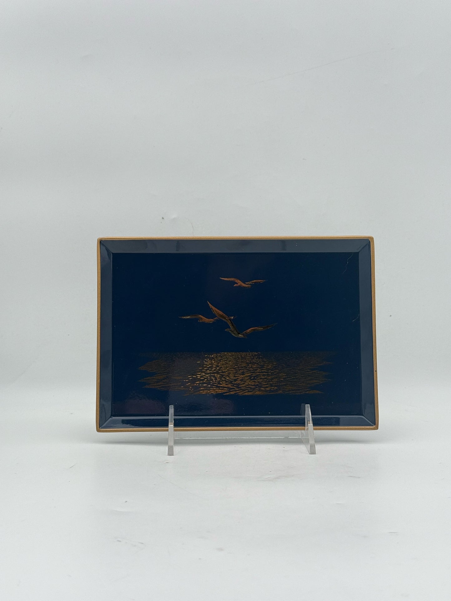 Japanese Navy Blue And Gold Lacquer Trays- Set Of 3