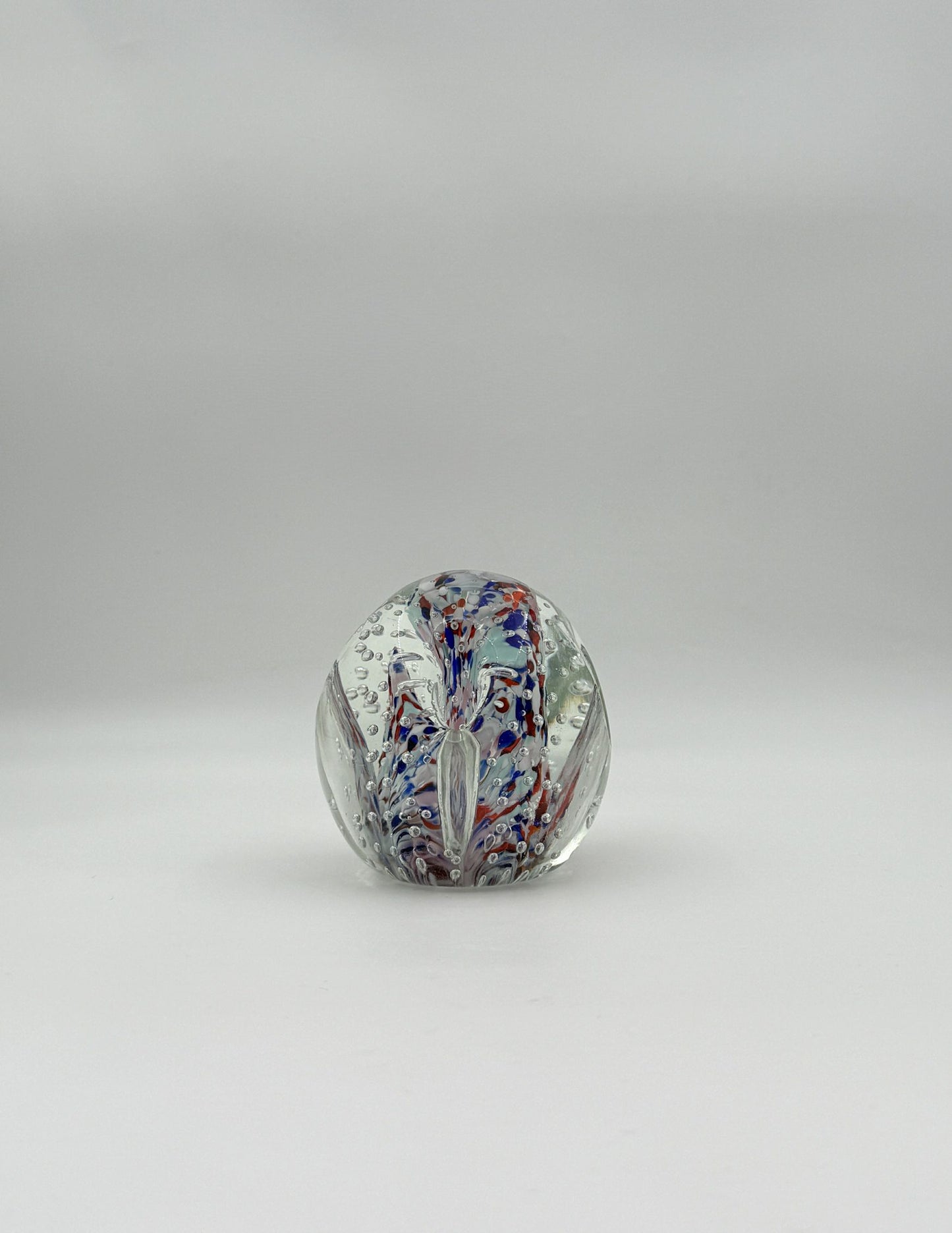 Murano Glass Paperweight – Clear with Red, White & Blue Swirl Core